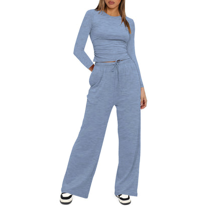 Conjunto de dos piezas formado por camiseta y pantalón de pierna ancha, cintura alta, color liso, informal, sencillo, para mujer