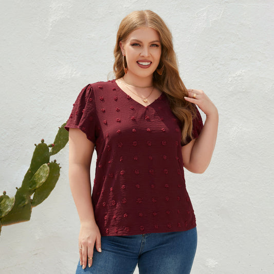 Camiseta informal holgada de manga corta con cuello en V y bola de pelo de color liso para mujer, talla grande