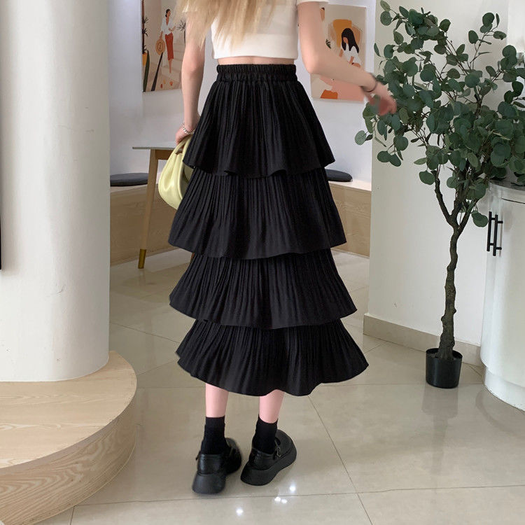 Women Fashion Casual Solid Color Ruffle Chiffon High Waist Skirt