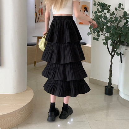 Women Fashion Casual Solid Color Ruffle Chiffon High Waist Skirt