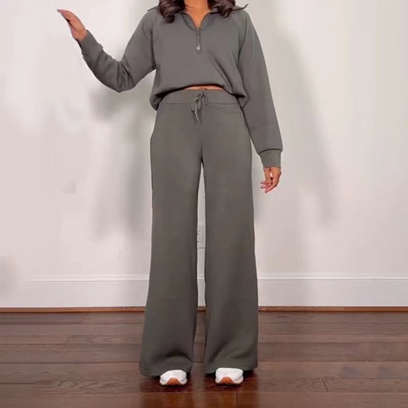 Conjunto de sudadera y pantalón informal de color liso con media cremallera y solapa para mujer