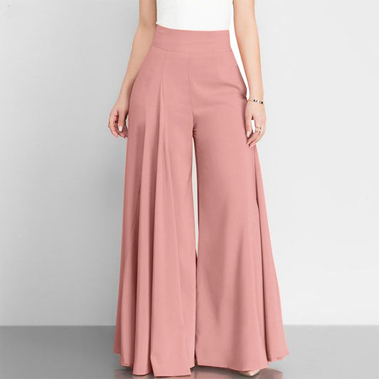 Pantalones finos de pierna ancha y cintura alta de color sólido informales a la moda para mujer