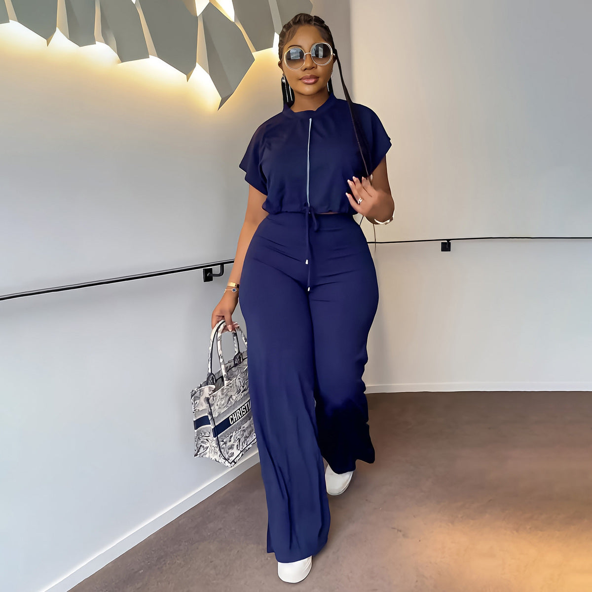 Women Fashion Casual Solid Color Drawstring Short-Sleeve Top High Waist Pants Two-Piece Set