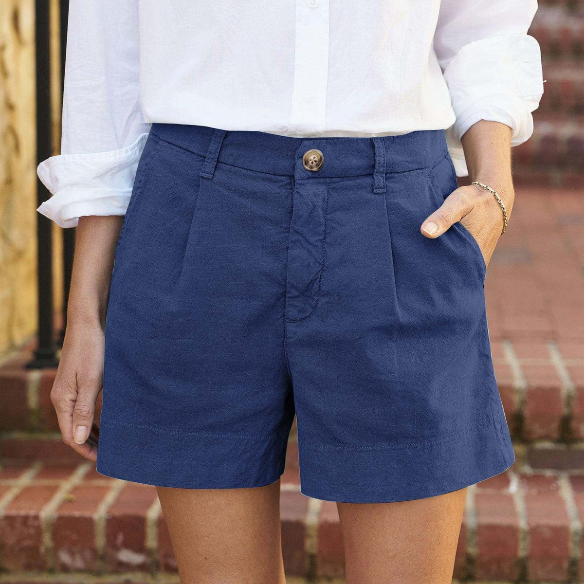 Women Fashion Casual Solid Color Cotton And Linen Shorts