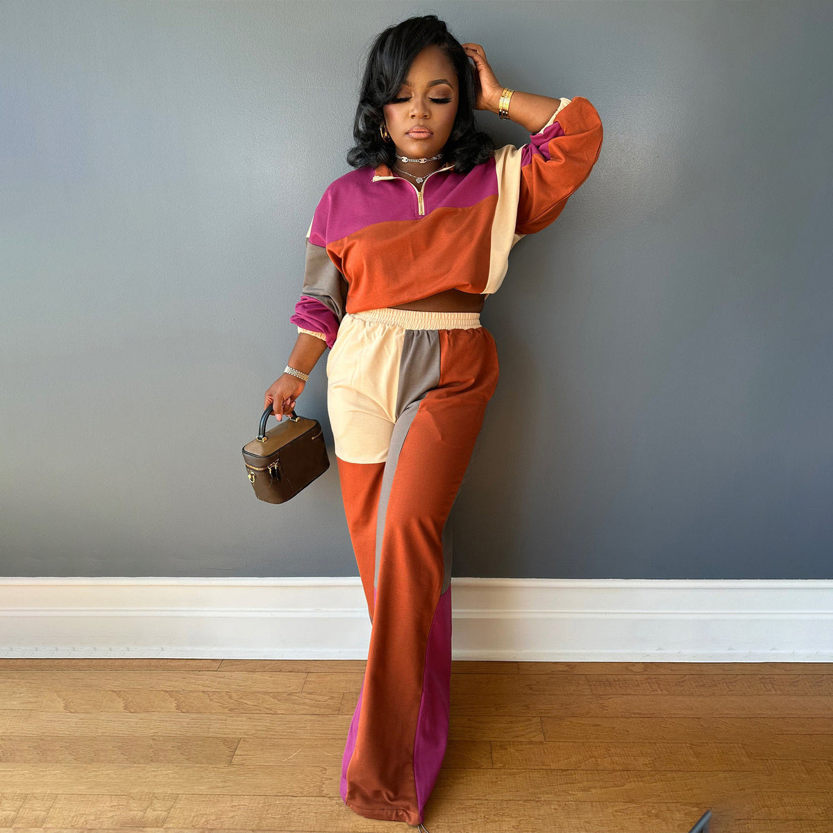 Women Fashion Casual Color Matching Long-Sleeve Drawstring Top Loose Pants Two-Piece Set