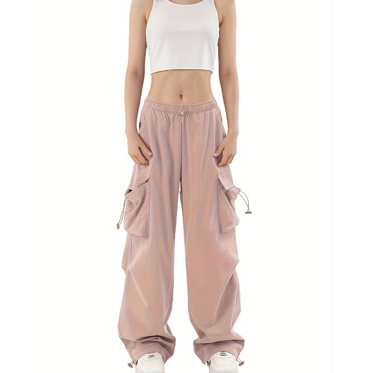 Women Fashion Casual Solid Color Pocket Drawstring Pants