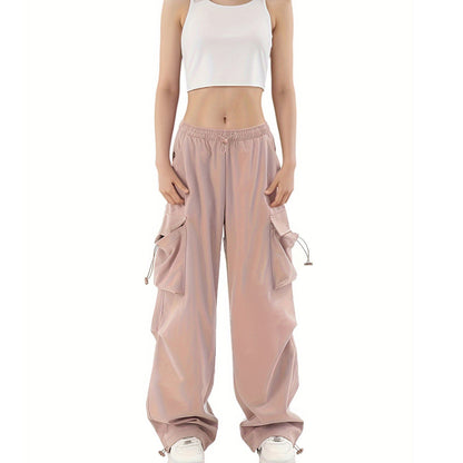 Women Fashion Casual Solid Color Pocket Drawstring Pants