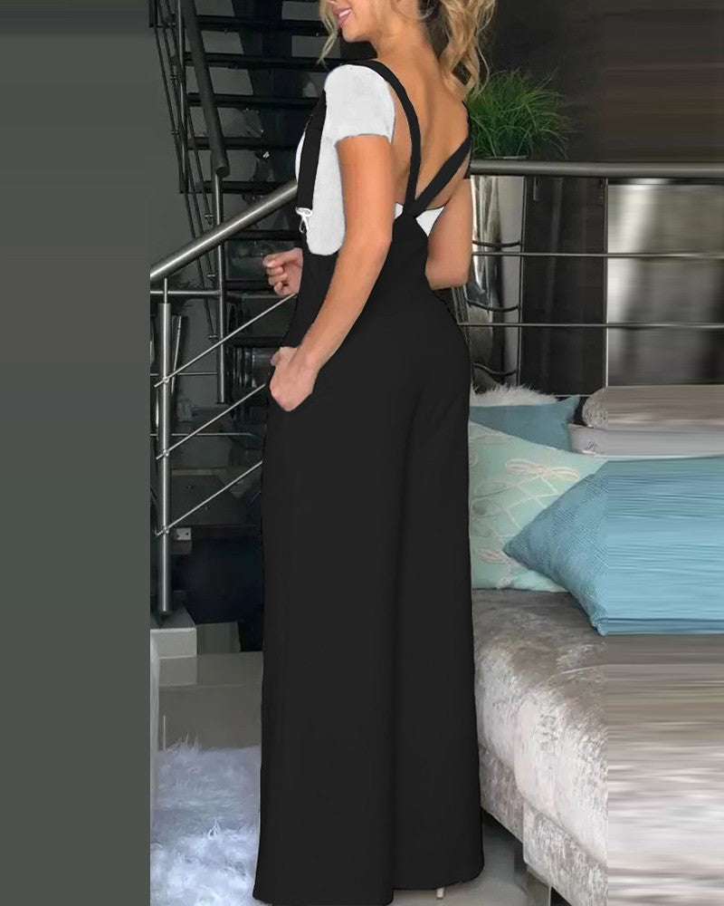 Women Fashion Casual Solid Color Loose Strap Pants