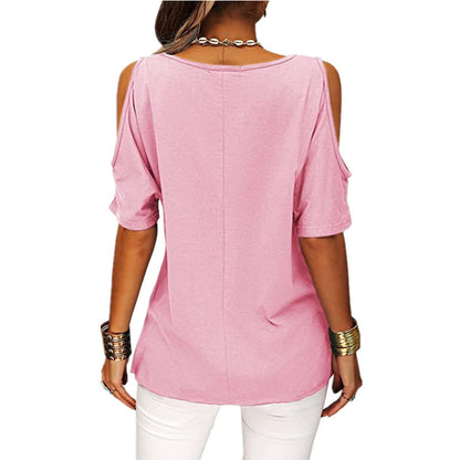 Women Fashion Casual Solid Color Hollow-Out Short-Sleeved Loose T-Shirt