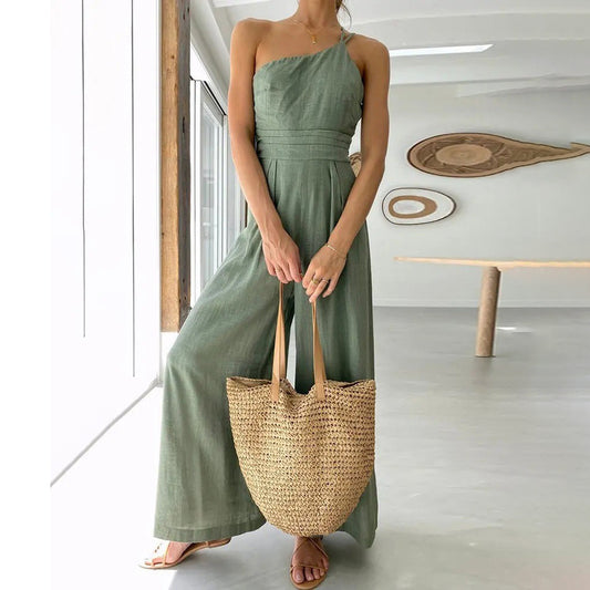 Women Fashion Casual Solid Color Cotton Linen Slant Shoulder Sleeveless Jumpsuit