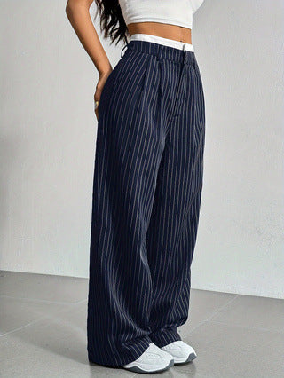 Women Casual Solid Color Stripe High Waist Loose Pants
