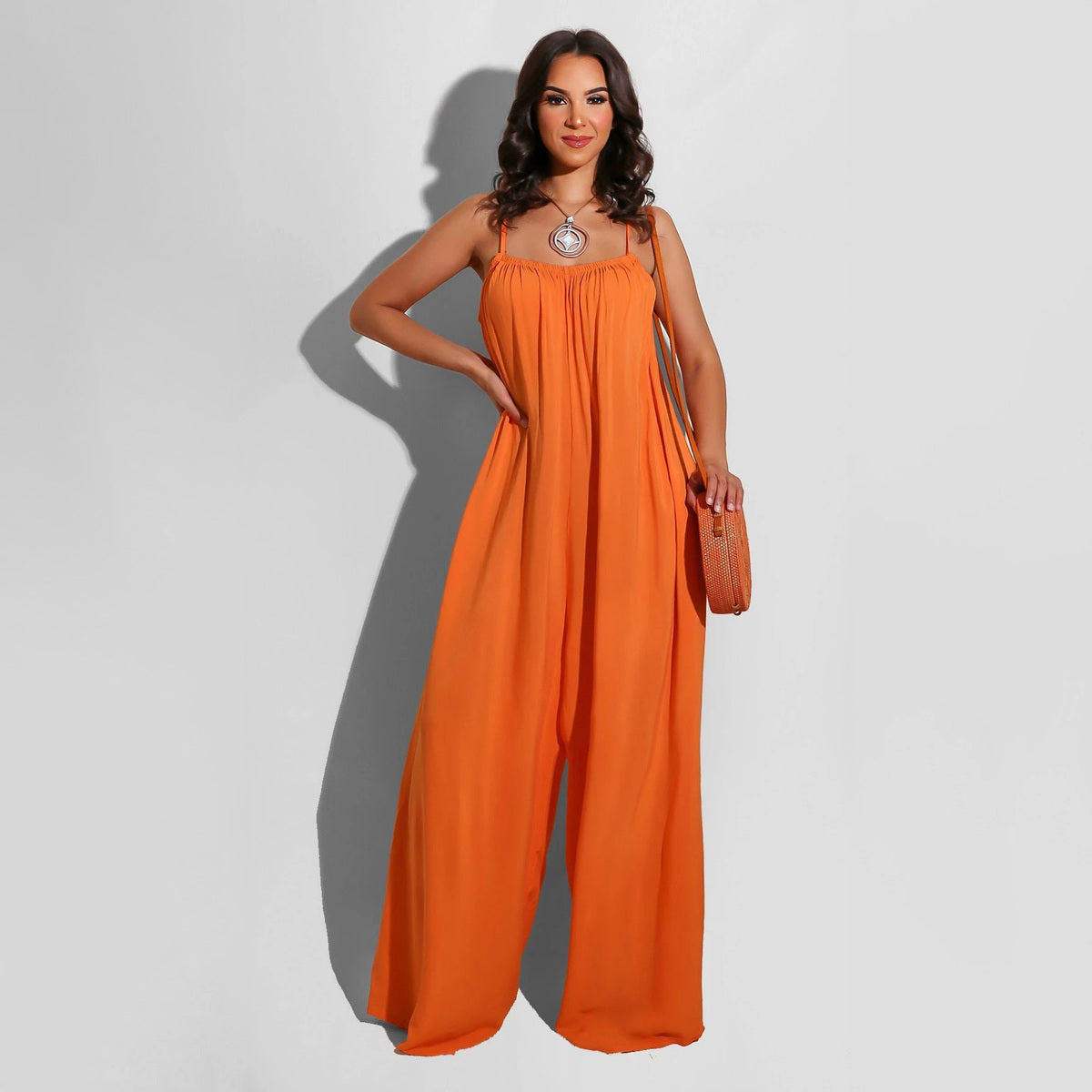 Women Fashion Casual Solid Color Spaghetti Strap Loose Jumpsuits
