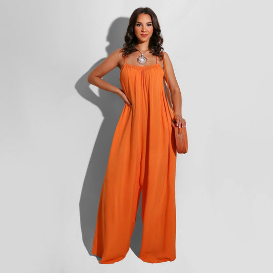 Women Fashion Casual Solid Color Spaghetti Strap Loose Jumpsuits