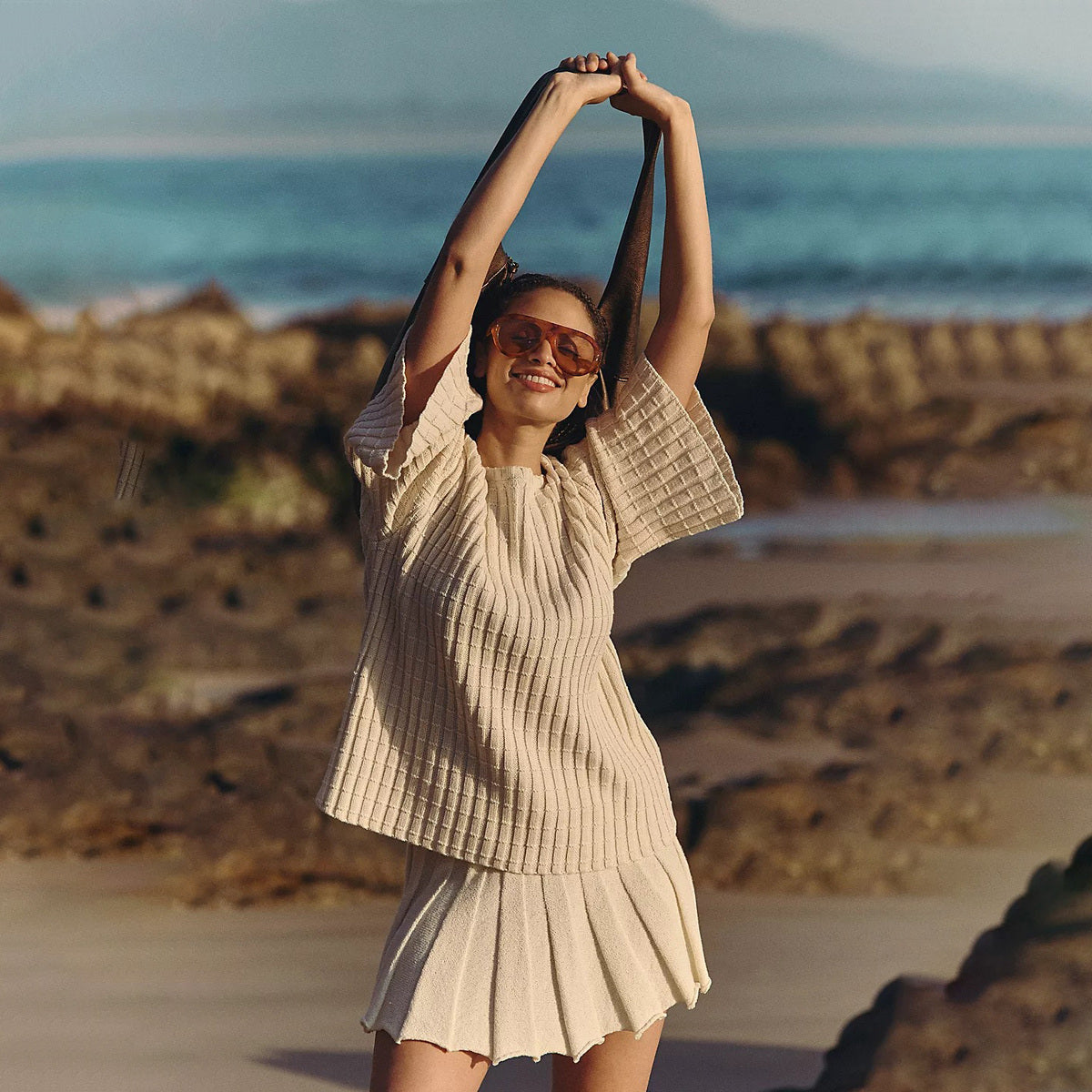 Women Fashion Casual Solid Color Knitted Stripe Long Sleeve Sweater Pleated Skirt Two-Piece Set