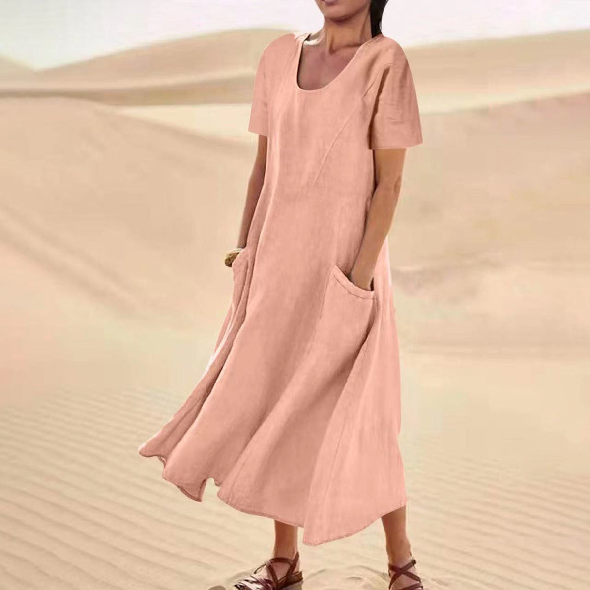 Women Casual Solid Color Cotton Linen Round Neck Short Sleeve Loose Dress