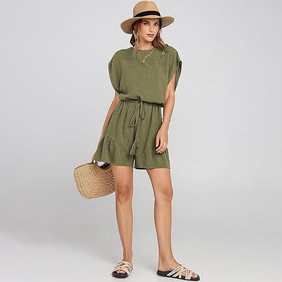 Women Casual Solid Color Cotton Linen Short-Sleeved Drawstring Lace-Up Rompers