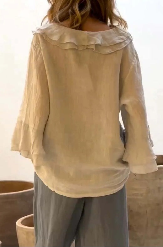 Blusa holgada informal de manga larga con volantes y escote en V de color liso para mujer