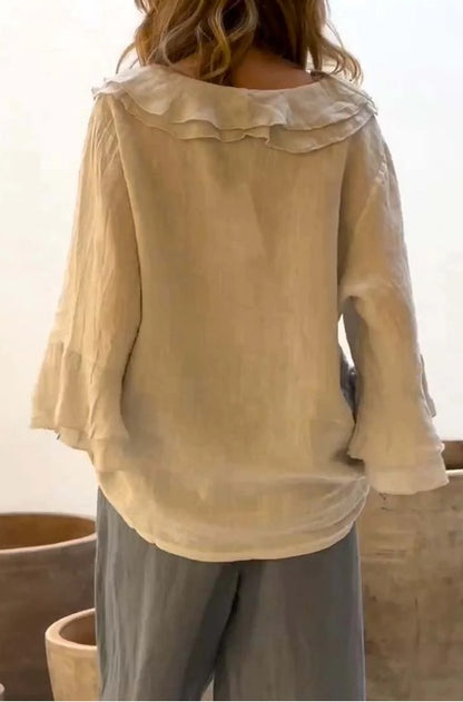 Blusa holgada informal de manga larga con volantes y escote en V de color liso para mujer