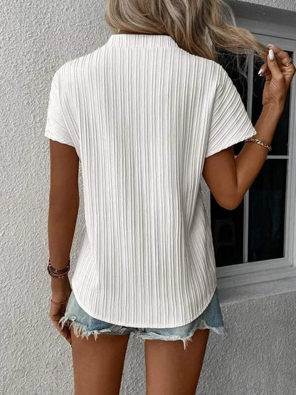 Women Fashion Casual Solid Color V-Neck Stripe Short Sleeve Blouse