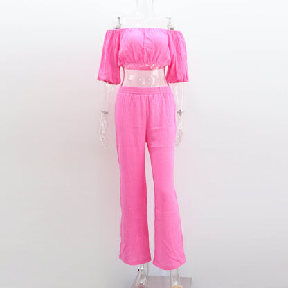 Women Solid Color Wrinkle Off-The-Shoulder Croptop And High Waist Wide-Leg Pants Casual Suit