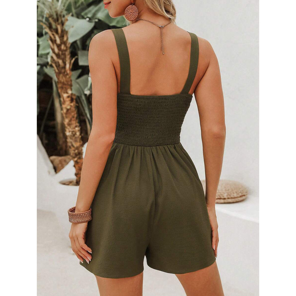 Women Fashion Casual Solid Color Hollow-Out Sleeveless Rompers