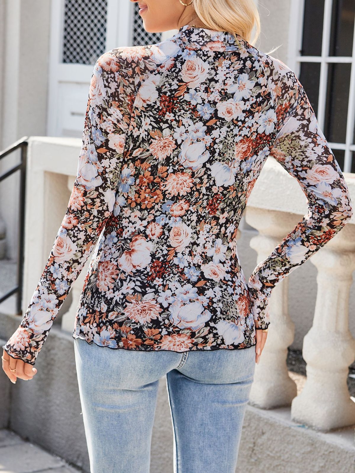 Blusa informal de manga larga con encaje y estampado floral para mujer