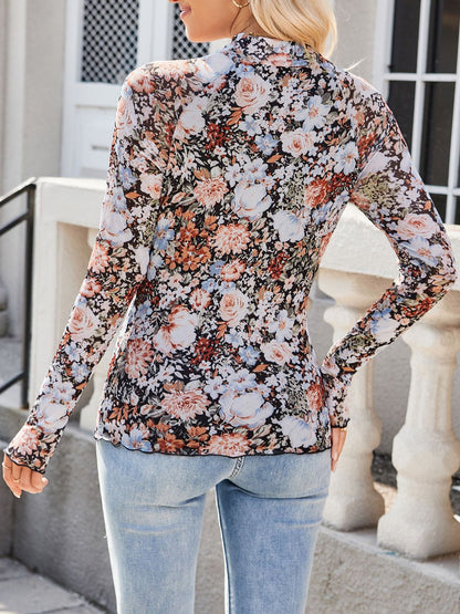 Blusa informal de manga larga con encaje y estampado floral para mujer
