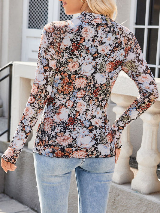 Blusa informal de manga larga con encaje y estampado floral para mujer