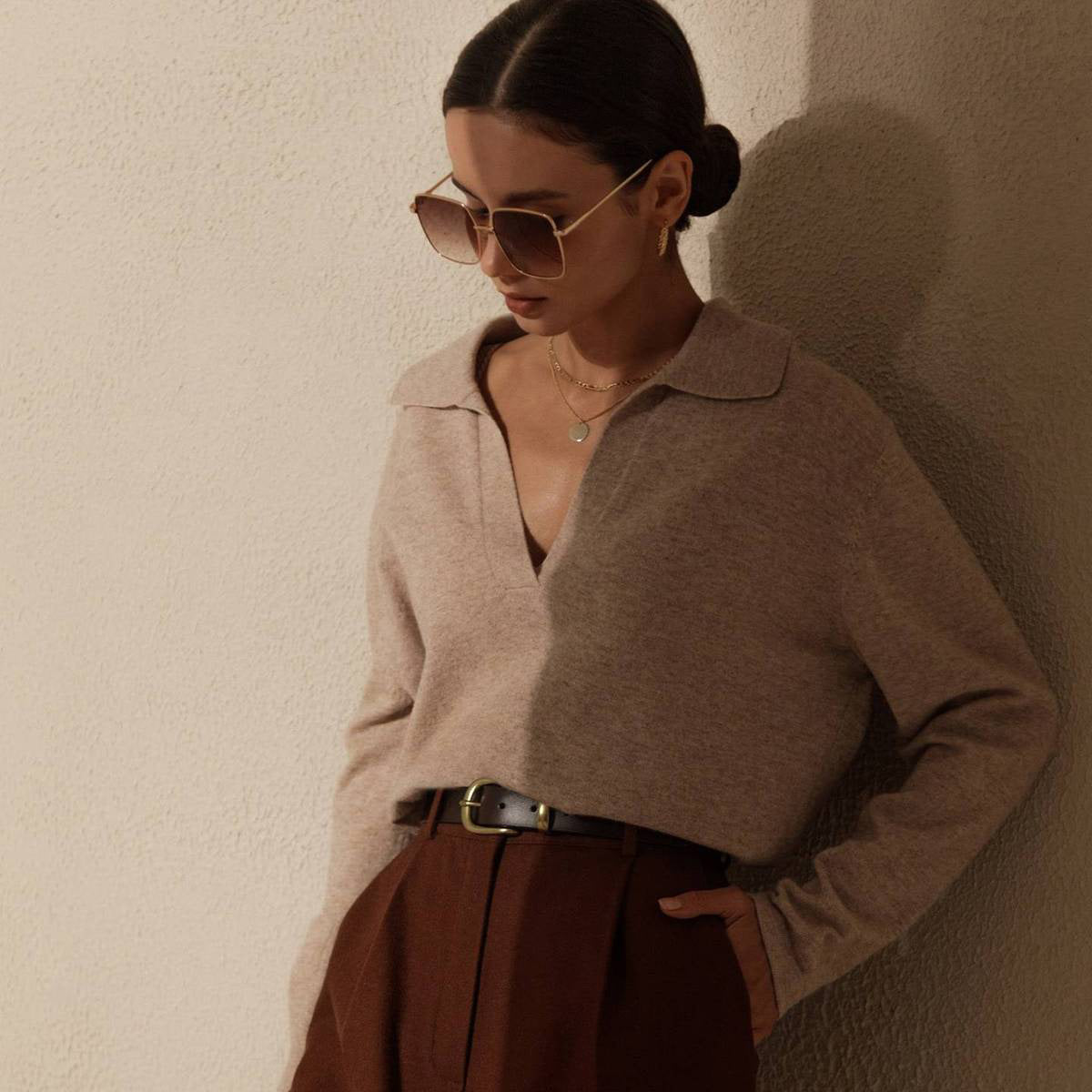 Women Fashion Casual Solid Color Lapel Knitted Sweater