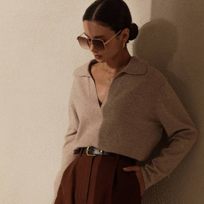 Women Fashion Casual Solid Color Lapel Knitted Sweater