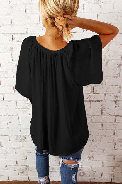 Blusa informal holgada de color liso con cuello en V y manga corta para mujer