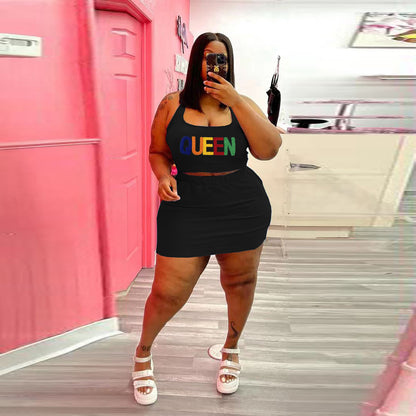 Conjunto de dos piezas de top corto y falda con apliques de letras Queen, informal, deportivo, sin mangas, para mujer
