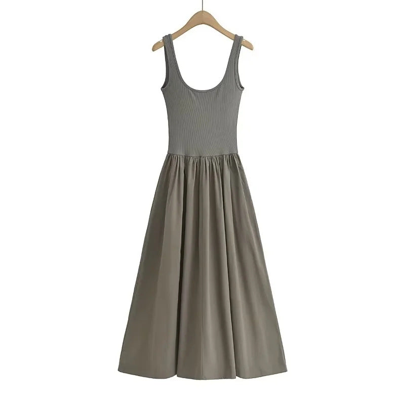 Women Fashion Casual Solid Color Pleated U-Neck Sleeveless Dress