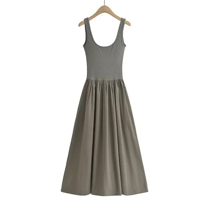 Women Fashion Casual Solid Color Pleated U-Neck Sleeveless Dress