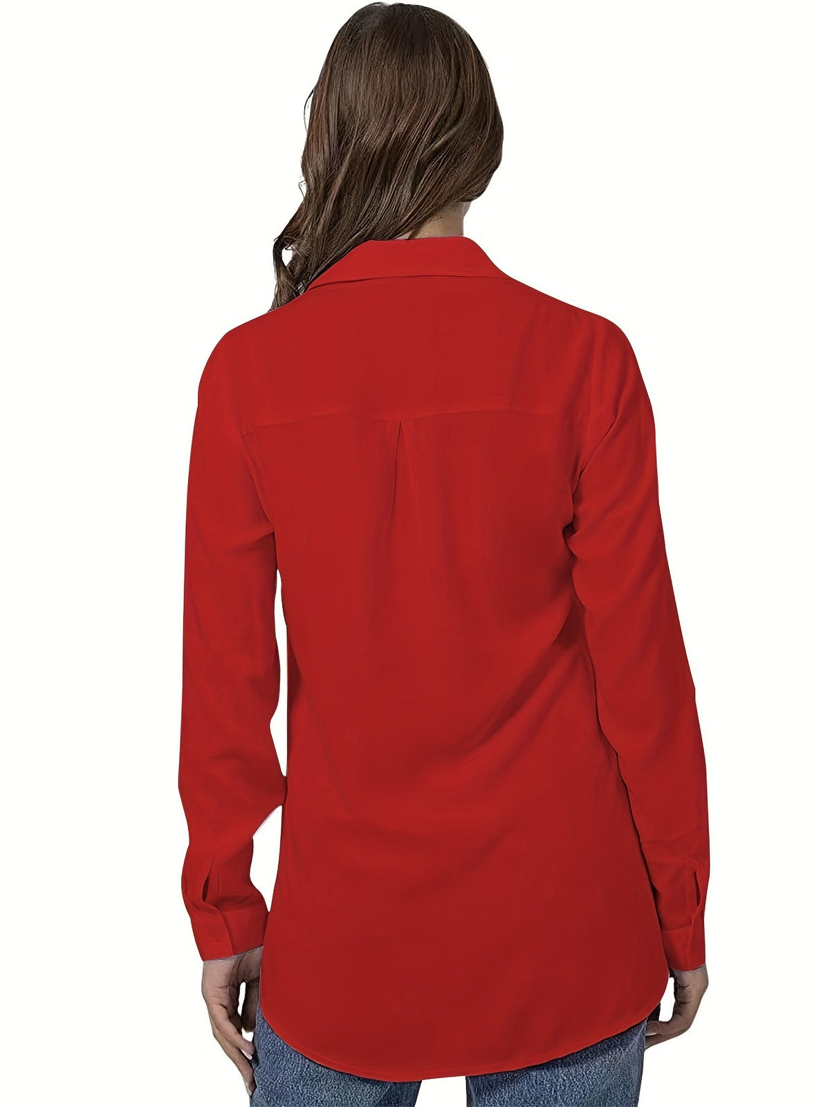 Blusa informal sencilla de manga larga con solapa en color liso para mujer