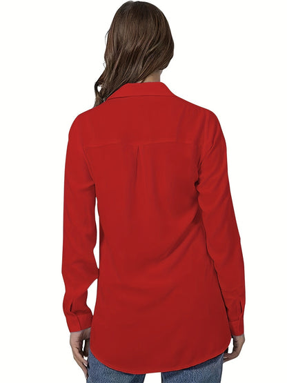 Blusa informal sencilla de manga larga con solapa en color liso para mujer