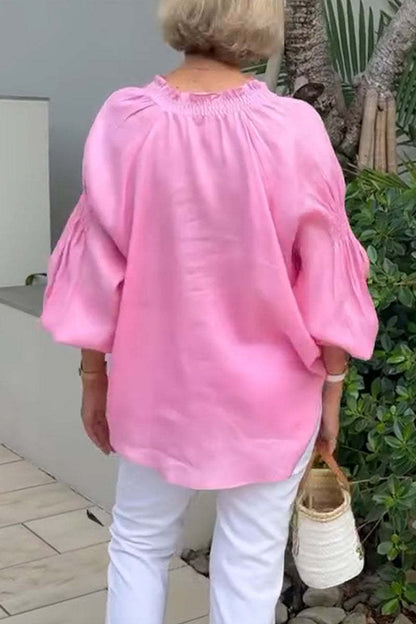 Blusa informal de algodón y lino de color liso con cuello en V y manga larga para mujer