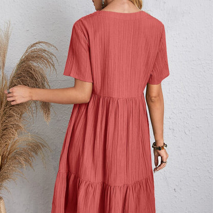 Women Casual Loose Solid Color Pleated V-Neck Short-Sleeve Dress