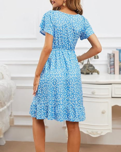 Pregnant Women Casual Floral Printed V-Neck Short-Sleeve Loose Dress