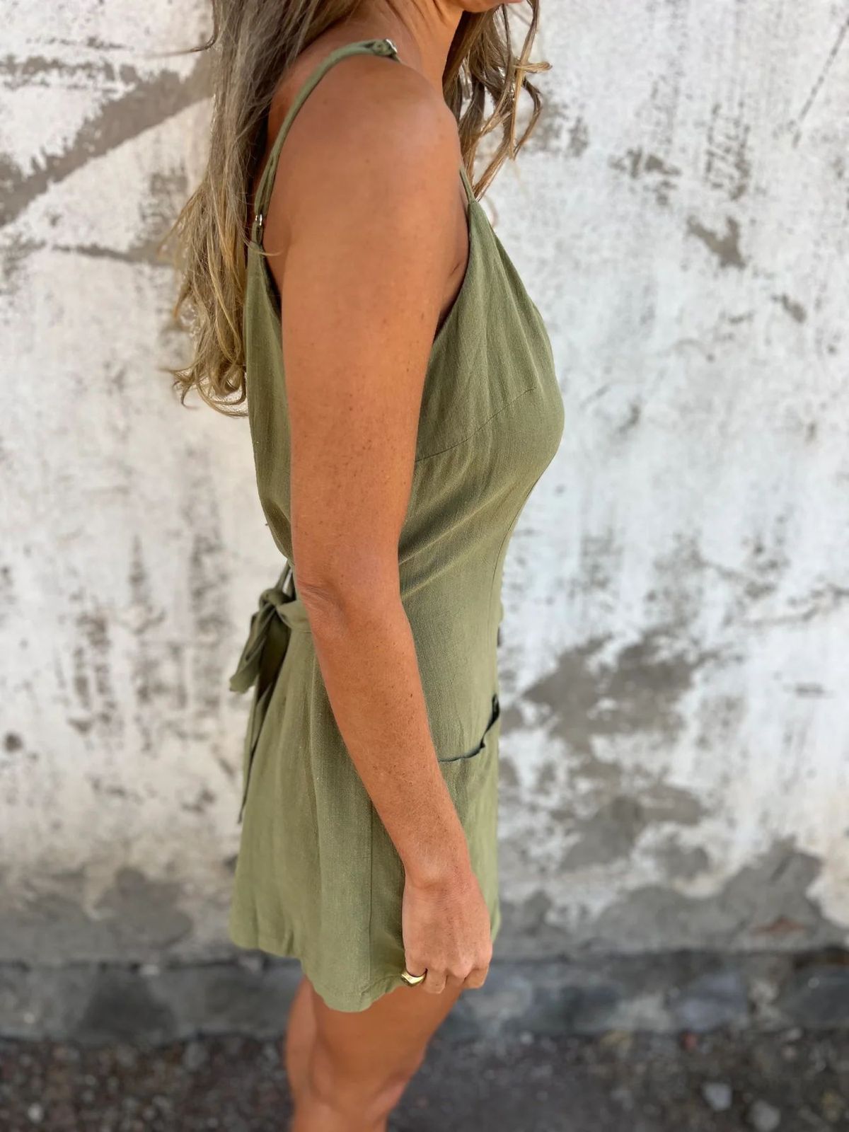 Women Fashion Casual Cotton Linen Solid Color V-Neck Spaghetti Strap Rompers