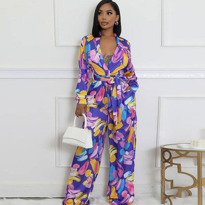 Women High Waist Elegant Casual Wide Leg Fashion Long Sleeve Floral Jumpsuits