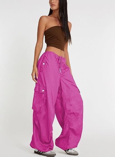 Women Casual Solid Color Loose Pocket Low Waist Drawstring Pants