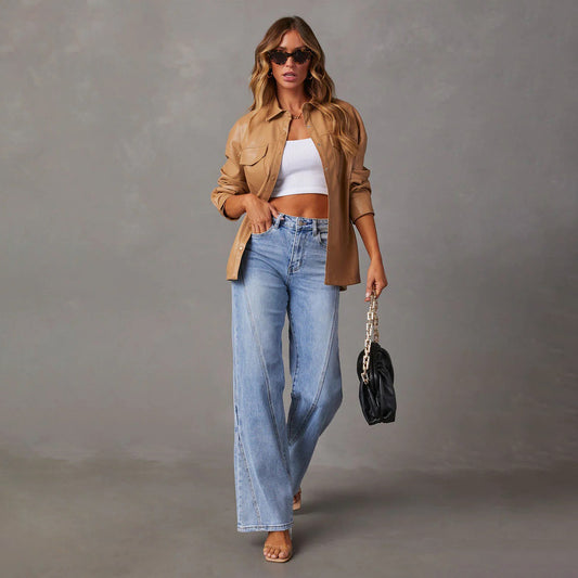 Vaqueros holgados de cintura alta informales a la moda para mujer