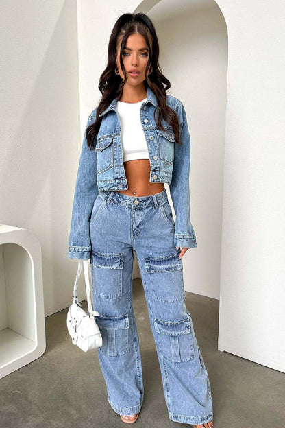 Vaqueros de pierna ancha con múltiples bolsillos informales a la moda para mujer