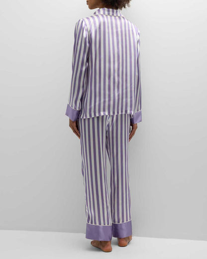 Conjunto de pijama de dos piezas para mujer, informal, a rayas, con solapa, manga larga, pantalones holgados