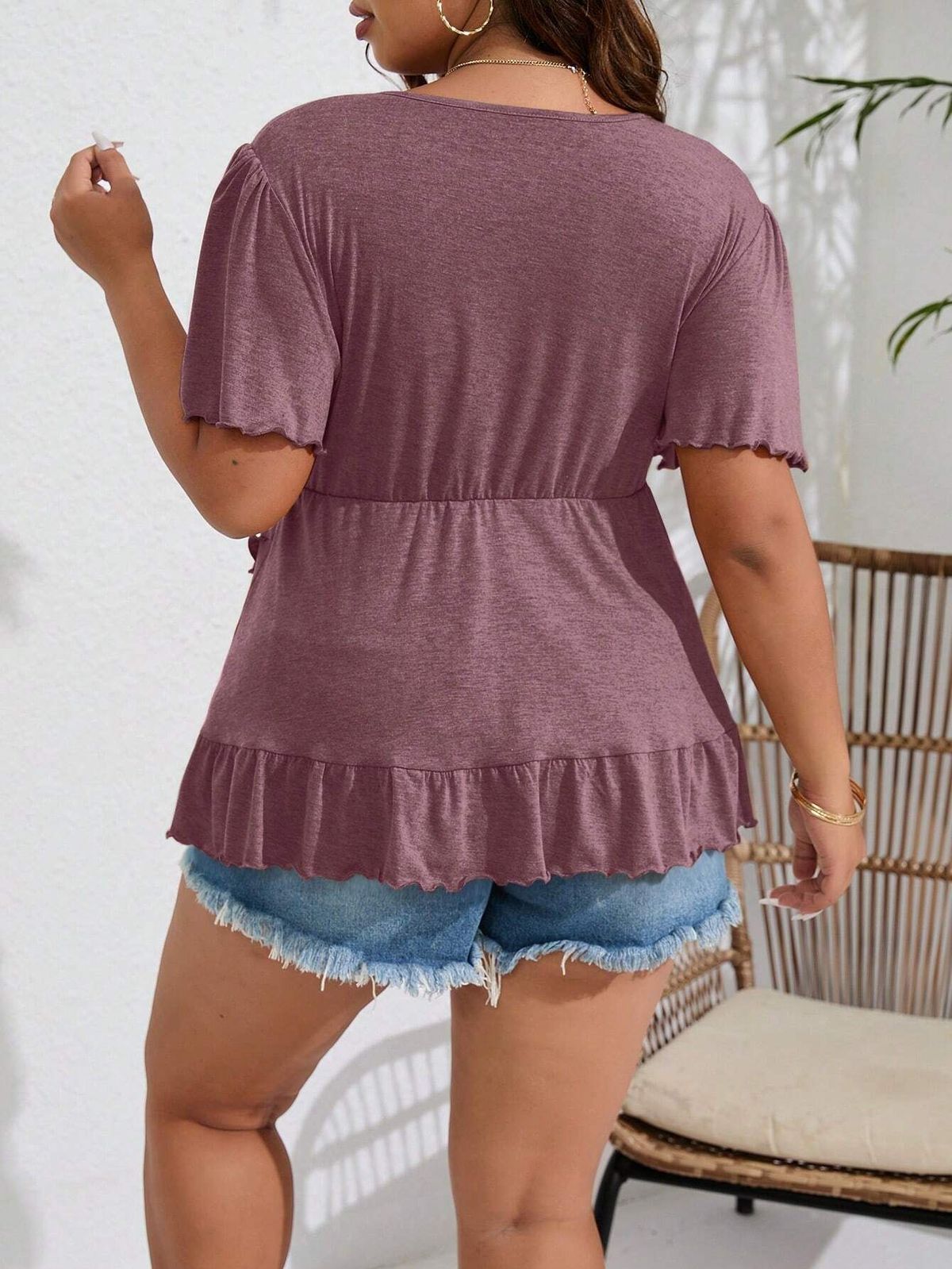 Women Casual Solid Color Plus Size V-Neck Short-Sleeved Ruffled T-Shirt