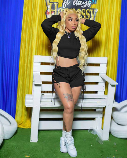 Women Athleisure Casual Solid Color Hooded Crop Top And Drawstring Shorts Two-piece Set