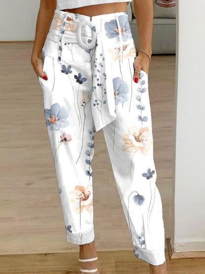 Women Casual Summer Solid Color Linen Floral Pants
