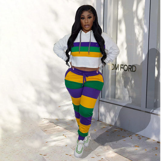 Women Fashion Casual Printed Stripe Loose Hooded Drawstring Tight Pants Two-Piece Set