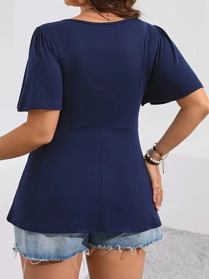 Camiseta informal de manga corta con cuello cuadrado y encaje floral para mujer, talla grande